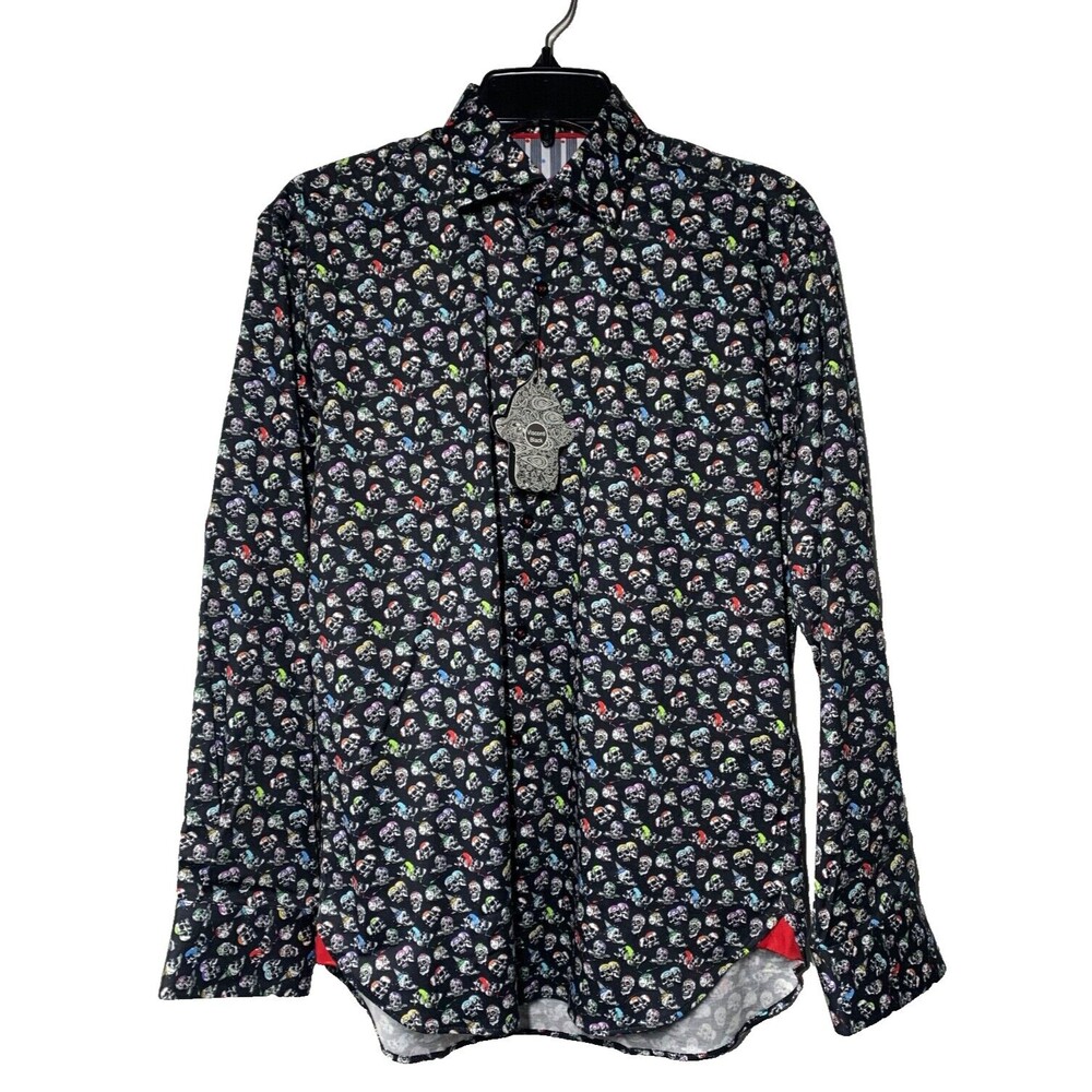 NWT Visconti Black Mens S Button Down Black Skull Print Cotton Stretch $125